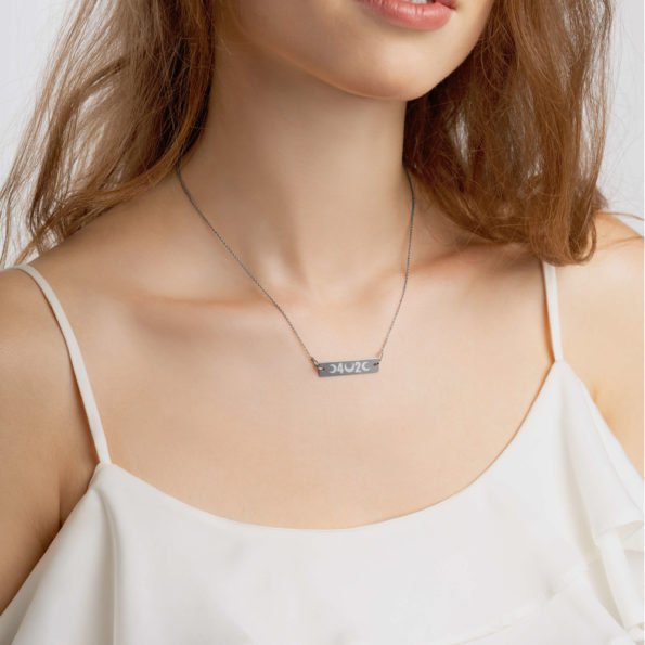 Model wearing FORTY-TWO Engraved Black Rhodium Plated Silver Bar Chain Necklace